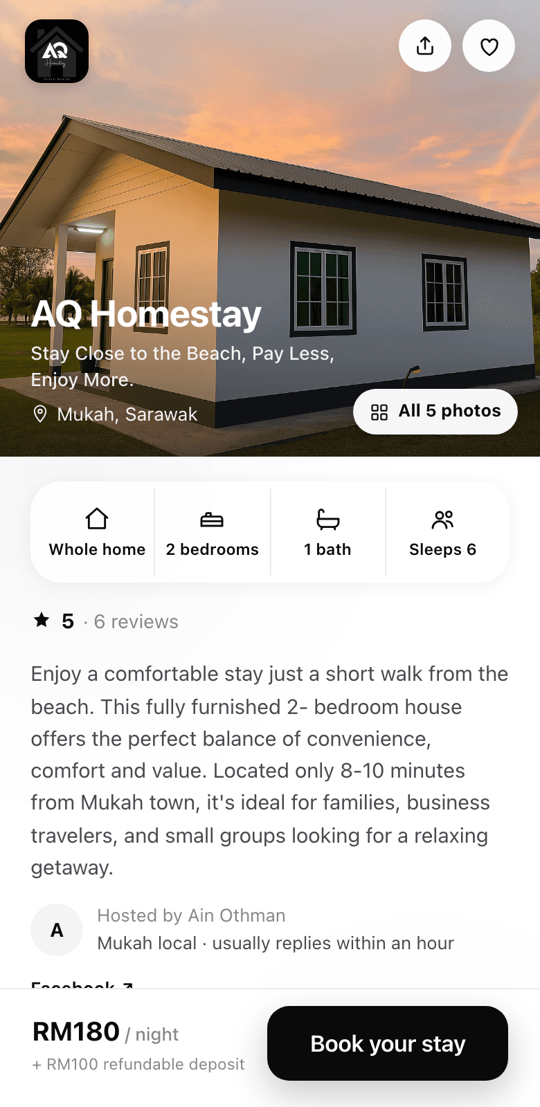 Laman tempahan AQ Homestay di telefon, dijana oleh Tempah.la
